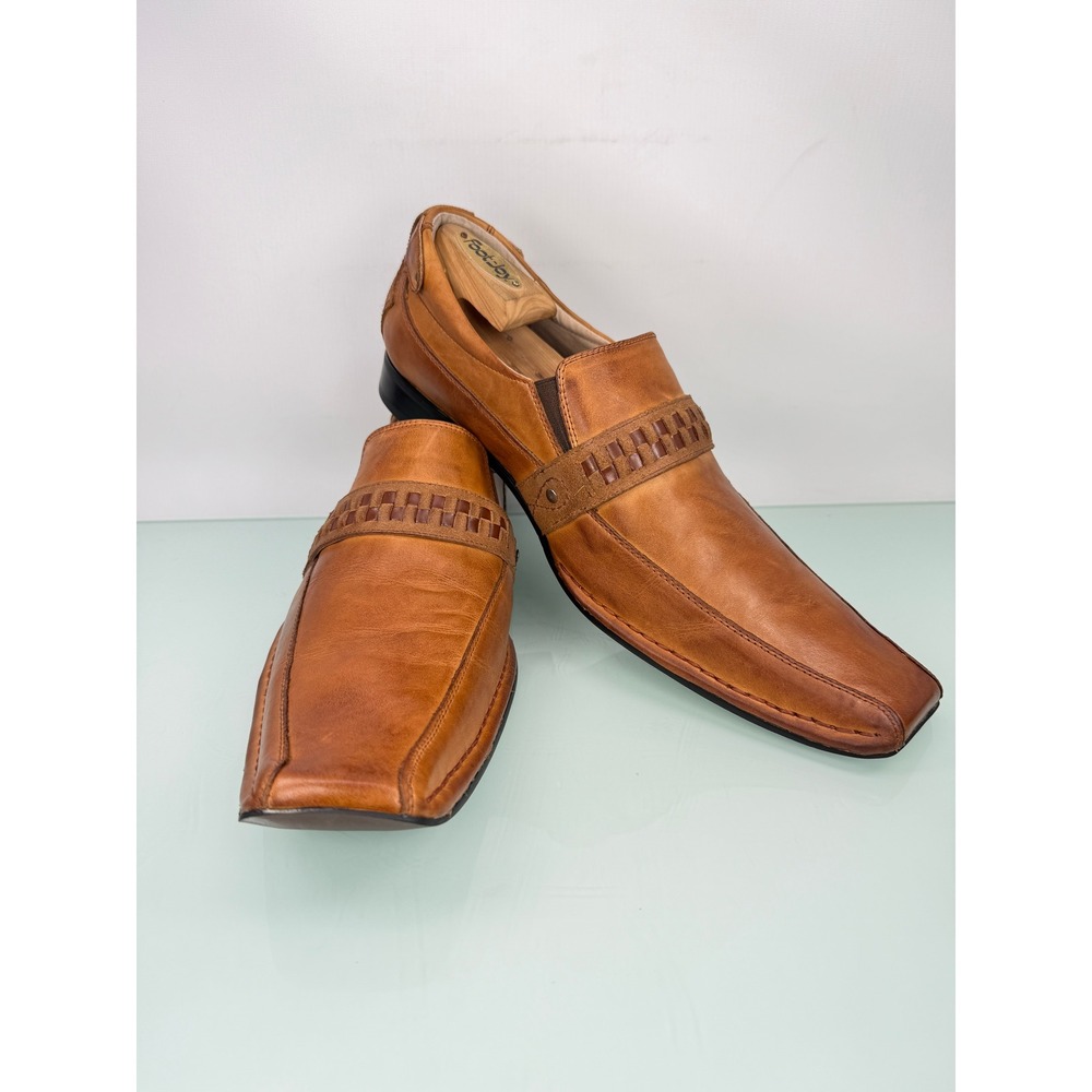 Rare Stacy Adams Loafers 10.5 Tan Leather Woven Strap Square Toe Dress Preppy - Picture 3 of 11
